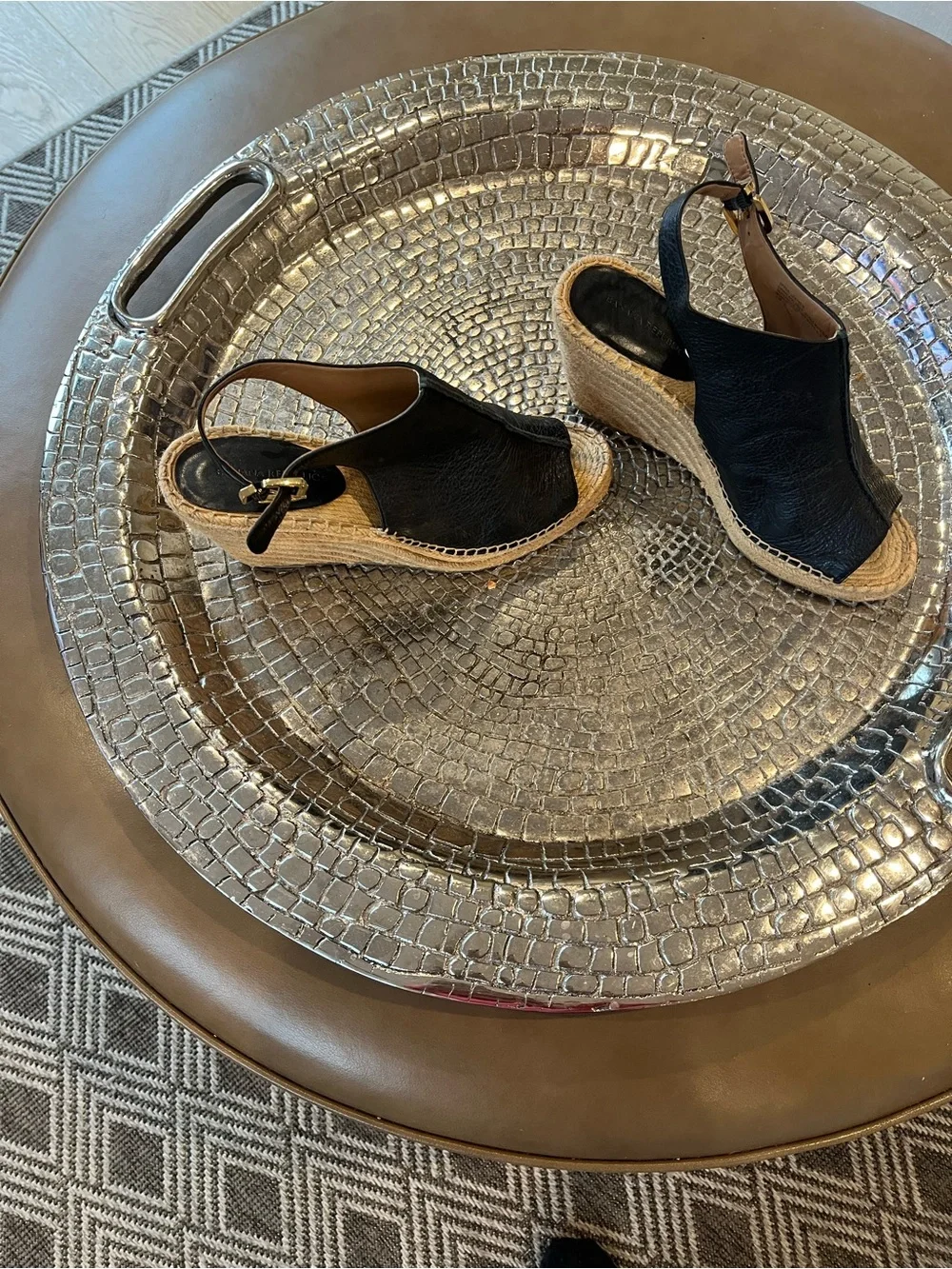 Like New Women's black leather wedge slides with back buckle - summer/fall sz11